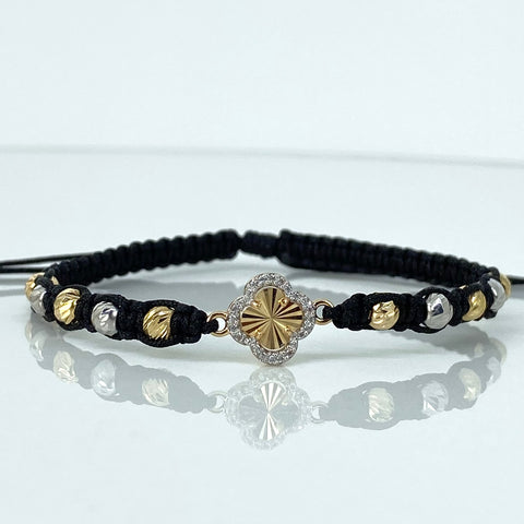 Pulsera tejida Herraje Trebol Circones / BD 10uni 4mm / Hilo Negro Oro amarillo y Oro blanco 18k 1,33 Gr *