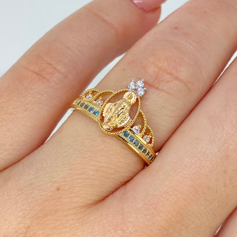 Anillo Virgen Milagrosa Circones Blancos Celestes Oro amarillo / Talla 6 3/4 / 2,41 Gr †