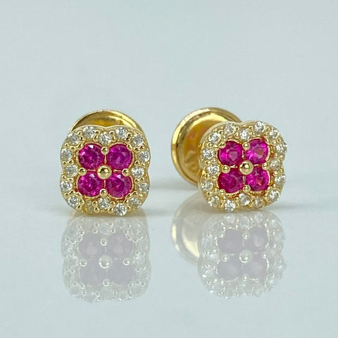 Topos Trebol Circones Fucsias Blancos Oro amarillo 18k 0,95 Gr / 5,5 mm