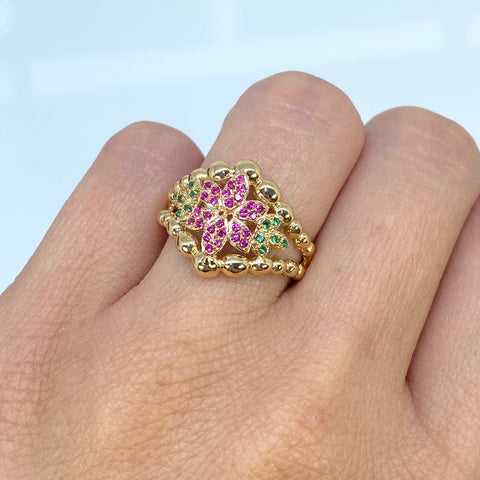 Anillo Flor Circones Fucsias Y Verdes Oro amarillo 18k / Talla 8 / 4,60 Gr