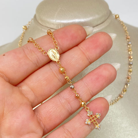 Rosario Virgen Milagrosa Circones Blancos / Bolas Diamantadas 4/3mm Tres oros 18k 7,32 Gr / 55 Cm