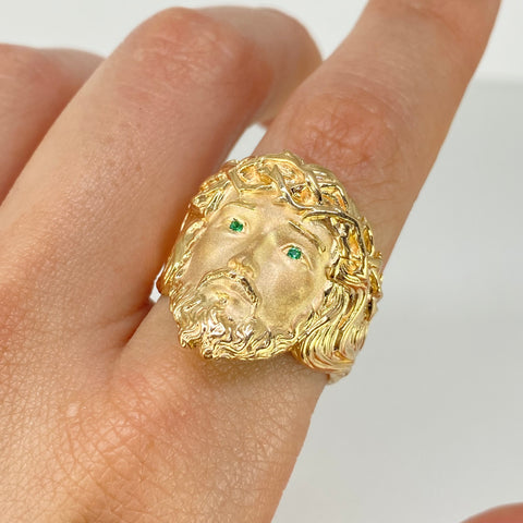 Anillo Rostro Cristo Circones Verdes Oro amarillo 18k / Talla 10 / 8,85 Gr *