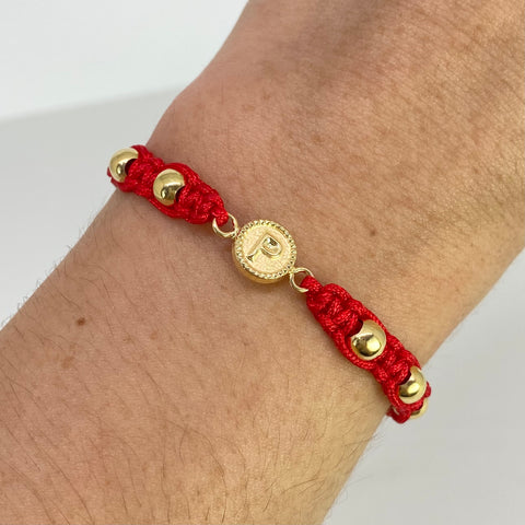 Pulsera tejida Herraje Letra P / BL 6uni 5mm / Hilo Rojo Oro amarillo 18k 1,32 Gr *