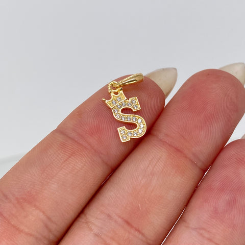 Dije Corona Letra S Circones Blancos Oro amarillo 18k 0,95 Gr / 1,8 Cm *