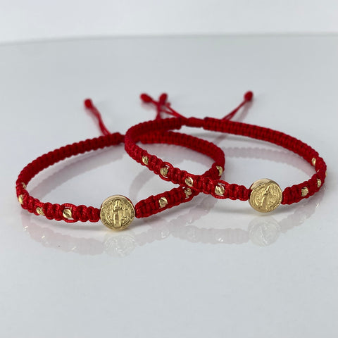 Pulsera tejida Pareja Herraje San Benito / BD 8uni 3mm / Hilo Rojo Oro amarillo 1,25 Gr †