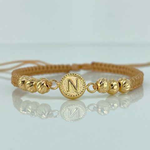 Pulsera tejida Herraje Letra N / BD 6uni 5mm / Hilo Beige Oro amarillo 18k 1,12 Gr *