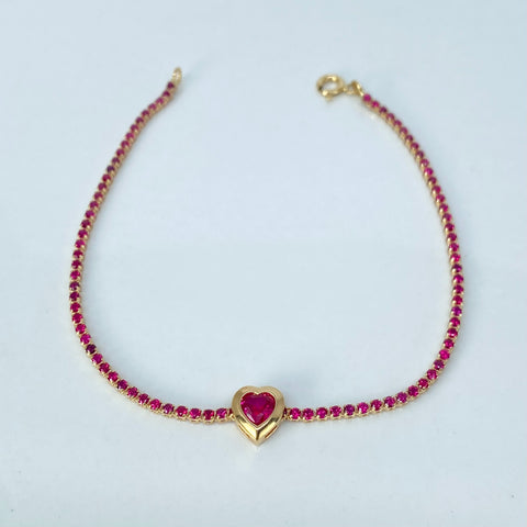 Pulso ● Corazon Mini Tennis Circones Fucsias Oro amarillo 18k +4 / 2,05 Gr / 1,5 mm / 17,5 Cm †
