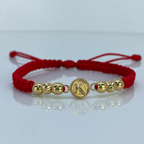 Pulsera tejida Herraje Letra K / BL 5mm 4uni / BD 5mm 2Uni / Hilo Rojo Oro amarillo 18k 1,22 Gr *