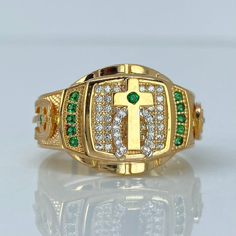Anillo Cruz / Herradura Centrales Circones Blancos Y Verdes Oro amarillo 18k / Talla 9 3/4 / 8,38 Gr †