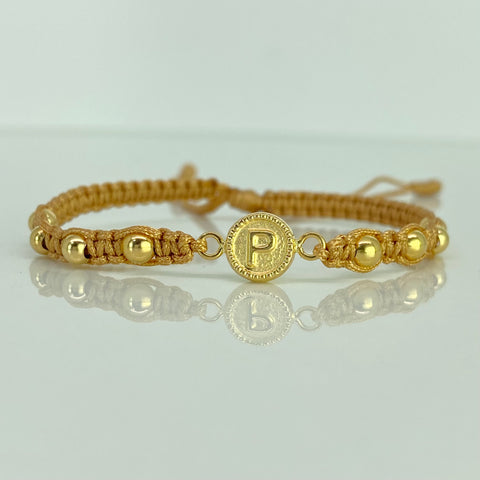 Pulsera tejida Herraje Letra P / BL 8uni 4mm / Hilo Beige Oro amarillo 18k 1,15 Gr *