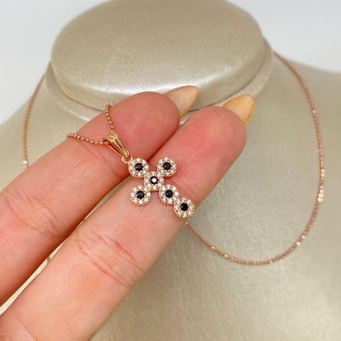 Set Cadena  Mini Militar + Dije Cruz Circones Blancos Negros Oro rosa 18k 3,4 Gr / 1 mm / 45 Cm †