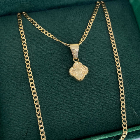 Set Cadena Cubana + Dije Trébol Diamantado Oro amarillo 18k 2,16 Gr / 2 mm / 45 Cm *