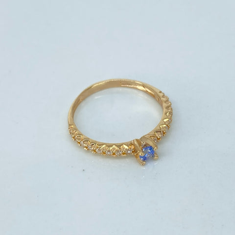 Anillo Solitario Circones Blancos Azul Oro amarillo / Talla 6 / 1,7 Gr †