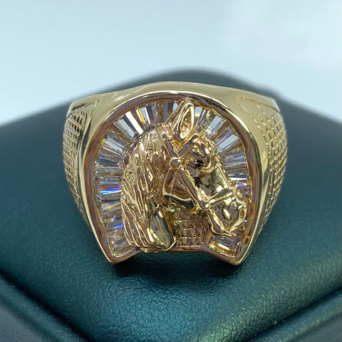 Anillo Herradura Caballo Circones Blancos Oro amarillo 18k / Talla 9 1/4 / 7,28 Gr †