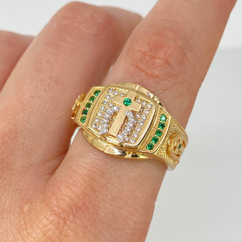 Anillo Cruz / Herradura Centrales Circones Blancos Y Verdes Oro amarillo 18k / Talla 9 3/4 / 8,38 Gr †