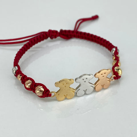 Pulsera tejida Herraje Osos TS / BD 8uni 5/4mm / Hilo Rojo Tres oros 18k 2,49 Gr *