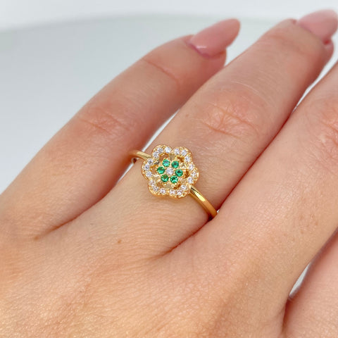 Anillo Flor Circones Blancos Verdes Oro amarillo / Talla 7 / 1,95 Gr