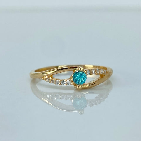 Anillo Solitario Circones Blancos Celeste Oro amarillo / Talla 6 1/4 / 1,9 Gr †
