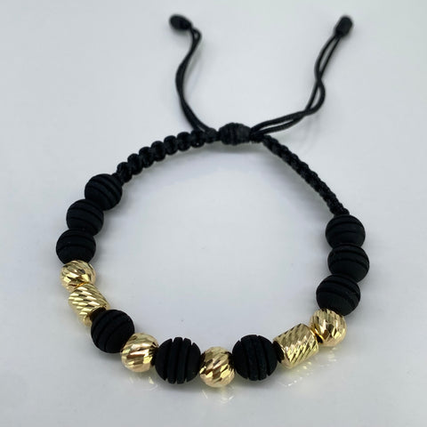 Pulsera tejida Bolas Diamantadas 7 mm / Cilindros Hilo Negro Oro amarillo 18k 1,62 Gr *