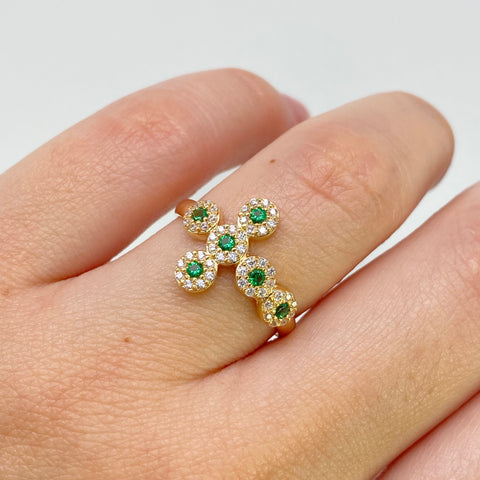 Anillo Cruz Circones Blancos Y Verdes Oro amarillo 18k / Talla 6 3/4 / 2,35 Gr