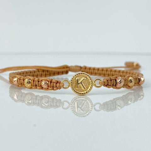 Pulsera tejida Herraje Letra K / BD 8uni 4/3mm / Hilo Beige Oro amarillo y Oro rosa 18k 1 Gr *