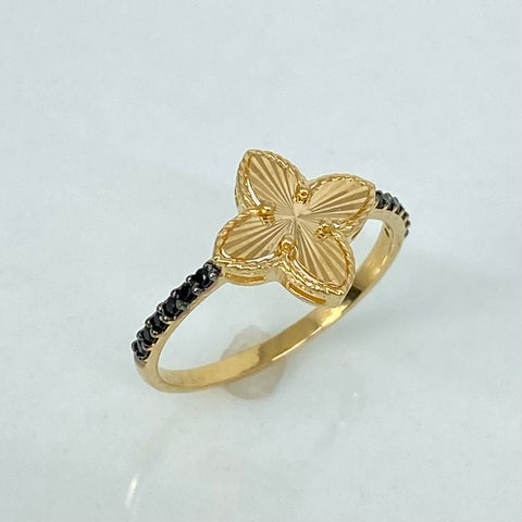 Anillo Trebol Diamantado Circones Negros Oro amarillo 18k / Talla 7 1/2 / 2 Gr