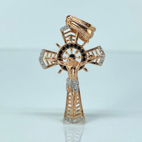 Dije Cruz Circones Blancos Negros Oro blanco y Oro rosa 4,2 Gr / 4,4 Cm *