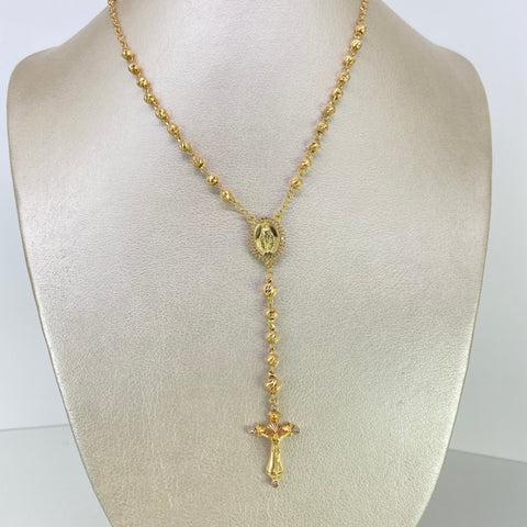 Rosario Bolas Diamantadas Virgen Milagrosa Circones Blancos Oro amarillo y Oro rosa 18k 14,09 Gr / 5 mm / 63 Cm