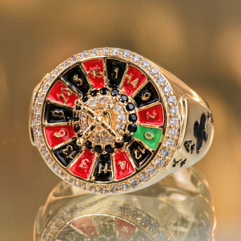 Anillo Ruleta Circones Blancos Negros Oro amarillo 18k / Talla 10 1/2 / 8,2 Gr †