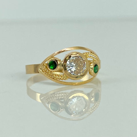 Anillo Troquelado Olas Circon Blanco Verdes Oro amarillo 18k / Talla 8 1/4 / 1,4 Gr