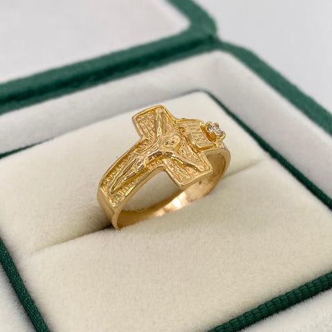 Anillo Cruz Cristo Circon Blanco Oro amarillo 18k / Talla 6 / 2,90 Gr *
