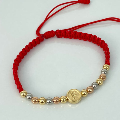 Pulsera tejida Herraje Letra F / BL 14uni 4mm / Hilo Rojo Tres oros 18k 1,47 Gr *