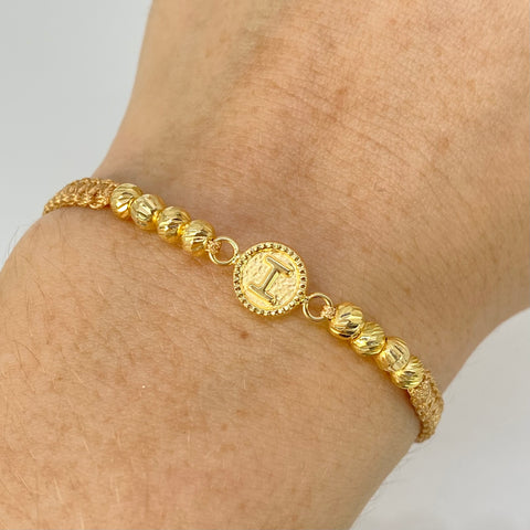 Pulsera tejida Herraje Letra I / BD 10uni 4/3mm / Hilo Beige Oro amarillo 18k 1,07 Gr †