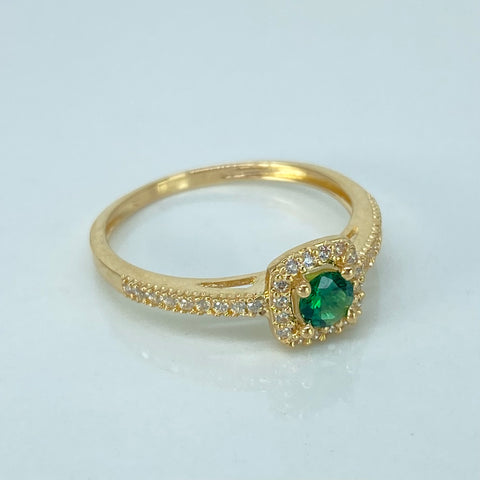 Anillo Solitario Cuadrado Circones Blancos Verde Oro amarillo / Talla 7 3/4 / 2,22 Gr *