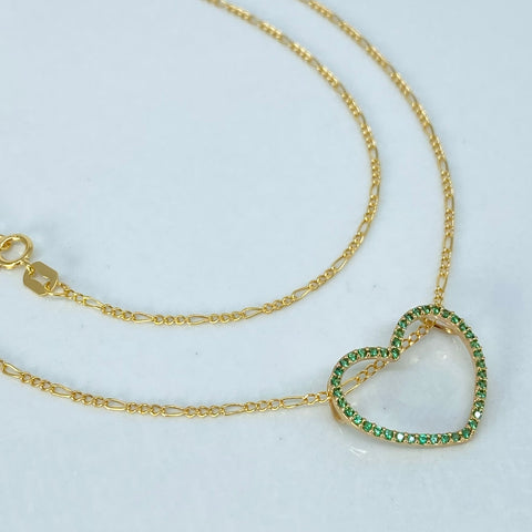 Set Cadena ● Tres Por Uno + Dije Corazon Circones Verdes Oro amarillo 18k 2 Gr / 1 mm / 45 Cm †
