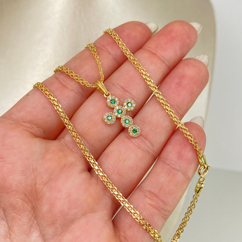 Set Cadena ● China + Dije Cruz Circones Blancos Verdes Oro amarillo 18k 4,25 Gr / 2,2 mm / 45 Cm †