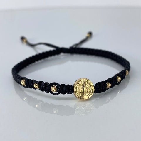 Pulsera tejida Pareja San Benito / BD 8uni 3mm / Hilo Negro Oro amarillo 1,25 Gr *