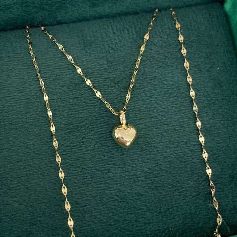 Set Cadena ● Flor Espejo + Dije Corazon Oro amarillo 18k 1,2 Gr / 1,1 mm / 45 Cm *