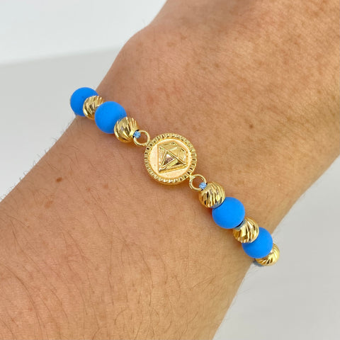 Pulsera tejida Herraje Diamante / BD 8uni 5mm / Hilo Celeste Oro amarillo 18k 1,78 Gr †