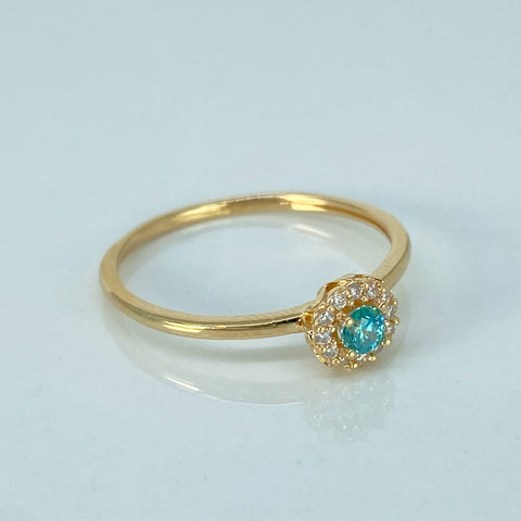 Anillo Solitario Flor Circones Blancos Azul Oro amarillo / Talla 8 / 1,58 Gr †