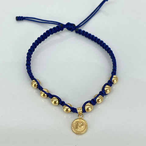 Pulsera tejida Dije Letra P / BL 8uni 5mm / Hilo Azul Oro amarillo 18k 1,16 Gr *
