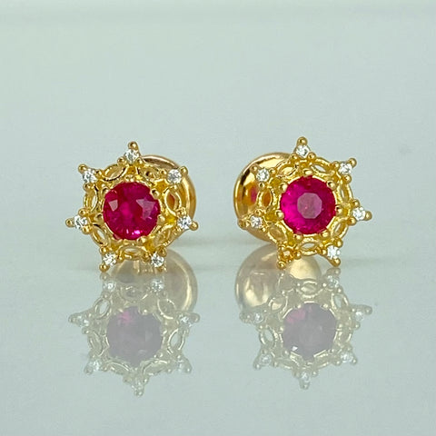 Topos Flor Circon Fucsia Blancos Oro amarillo 18k 0,95 Gr / 7,3 mm  *