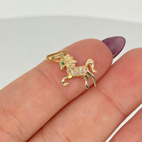 Dije Unicornio Circones Blancos Verde Oro amarillo 18k 1 Gr / 1,8 Cm  *