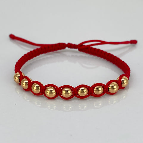 Pulsera tejida Bolas Lisas 9uni 5mm / Hilo Rojo Oro amarillo 18k 0,92 Gr †