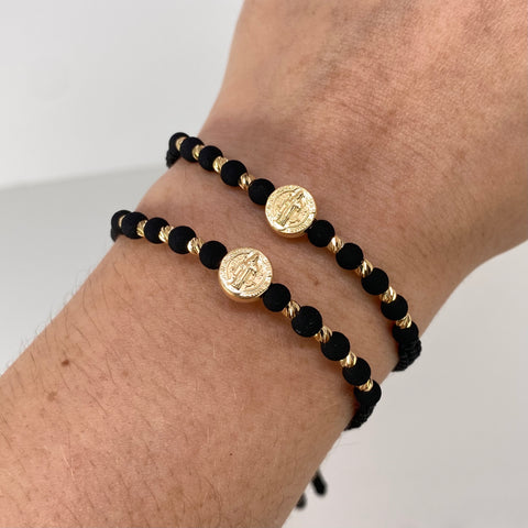 Pulsera tejida Pareja San Benito / BD 8uni 3mm / Hilo Negro Neoprenos Oro amarillo 1,25 Gr *