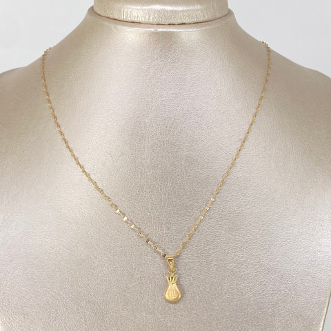 Set Cadena ● Flor Espejo Crispeta + Dije Bolsa Dinero Oro amarillo 18k 1,15 Gr / 1,5 mm / 45 Cm