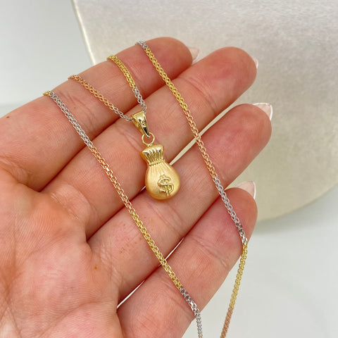 Set Cadena ● China + Dije Bolsa Dinero Tres oros 18k 3,5 Gr / 1,4 mm / 60 Cm