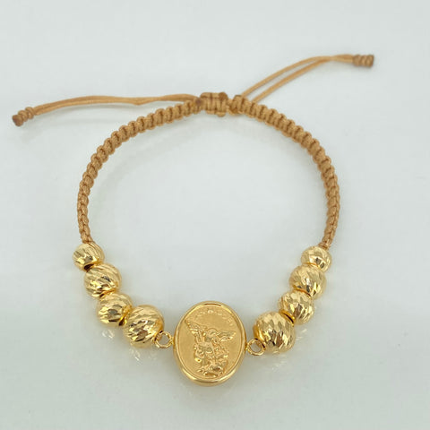 Pulsera tejida Herraje San Miguel / BD 8uni 8/7/6mm / Hilo Beige Oro amarillo 18k 2,93 Gr †