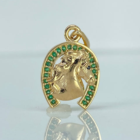 Dije Herraje Caballo Circones Verdes Oro amarillo 18k 2,7 Gr / 2,3 Cm