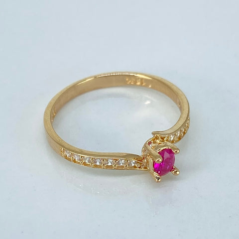 Anillo Solitario Circones Fucsia Blancos Oro amarillo / Talla 7 1/4 / 2 Gr